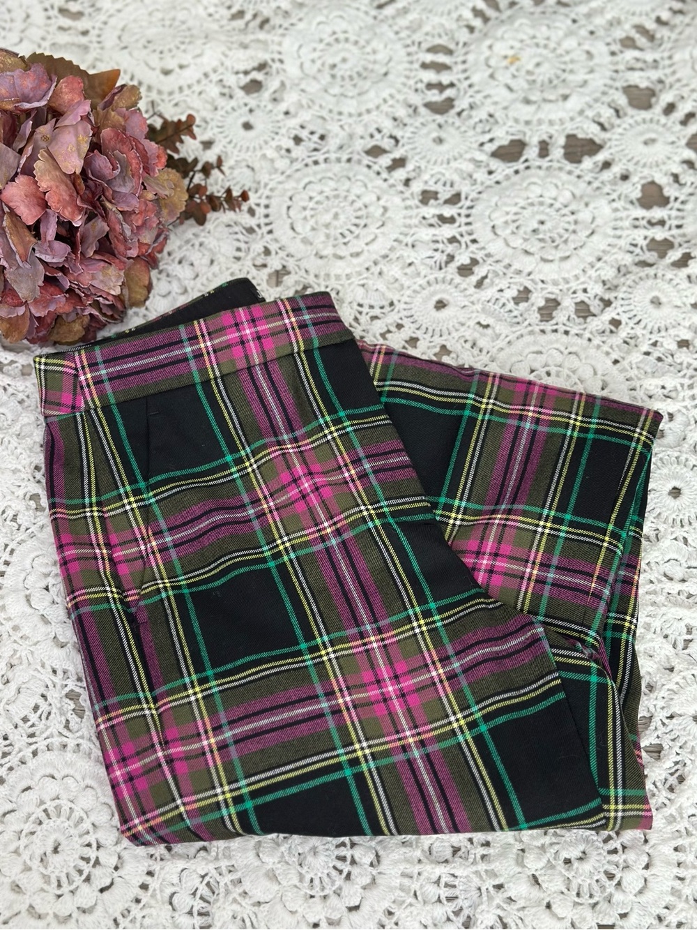 JCrew Kate straight-leg pant in pink Stewart tartan wool 4T